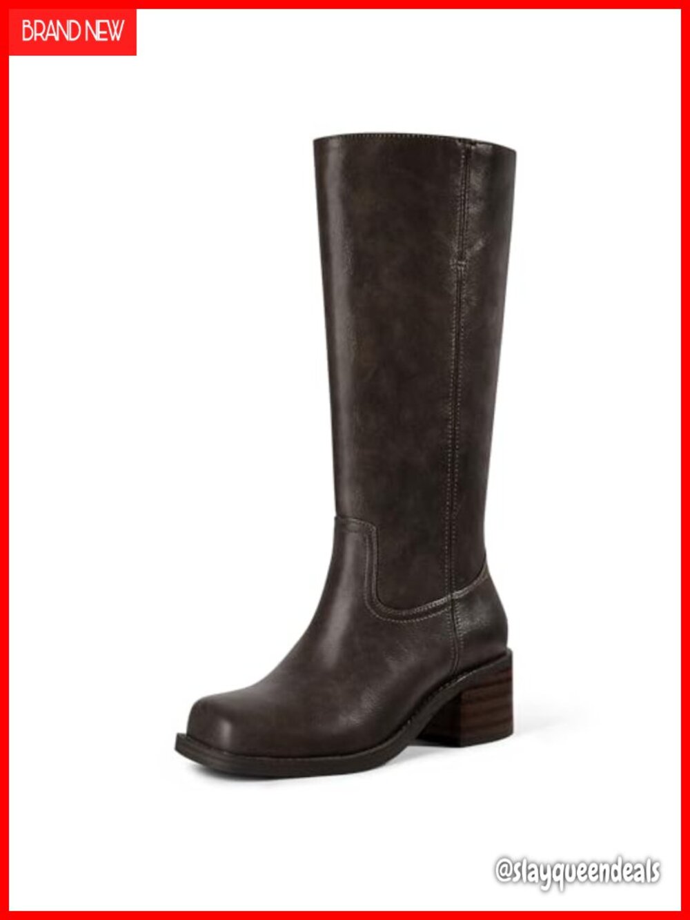 Wide Calf Knee High Boots for Women Pull On Chunky Heel Square Toe Faux Leather